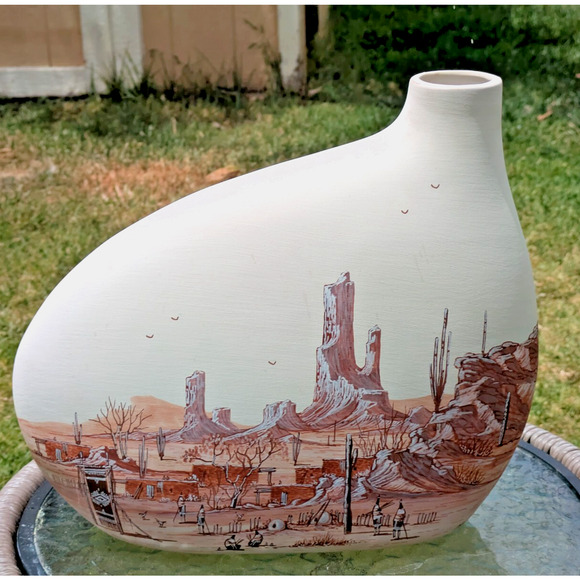 VTG Native American Pottery Vase by Thomas Kelson 12" Tribal Desert Scene - Picture 2 of 10